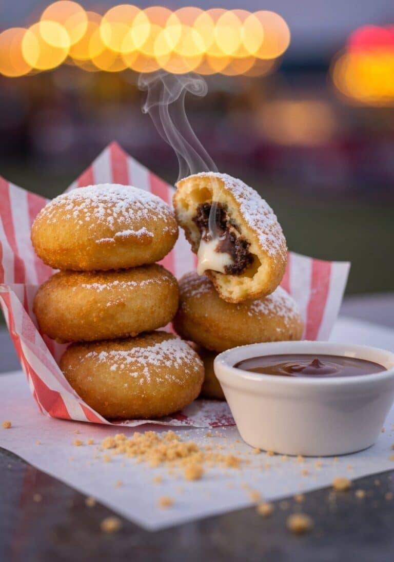 Stacked golden deep-fried Oreos dusted with powdered sugar sit in a red-and-white paper cone, one split open to reveal warm, slightly melted chocolate and cream with a wisp of steam. A small ceramic ramekin of glossy chocolate dipping sauce and scattered graham cracker crumbs sit beside them against a creamy bokeh fairground background.