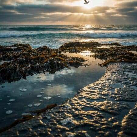 Low-angle seascape showing kelp-covered rocks and glistening tide pools in sharp focus, with textured seafoam and shallow reflections in the foreground. Warm golden-hour light breaks through low clouds, casting honeyed highlights on the water as a silhouetted gull arcs across the teal ocean.