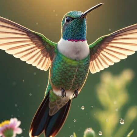 Photorealistic close-up of a hummingbird hovering and facing the viewer, its iridescent throat and jewel-tone green, teal and ruby feathers glowing in warm golden backlight while semi-transparent wings show painterly motion blur. Foreground wildflowers and suspended nectar droplets sit in soft bokeh, lending a quiet, magical-realism mood to the composition.