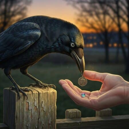 A glossy black crow perches on a weathered wooden fence at twilight, leaning forward to place an old coin and a small glass bead into an open human palm. Soft rim lighting highlights the crow’s iridescent feathers and the luminous trinkets against a blurred background of trees and distant lights.