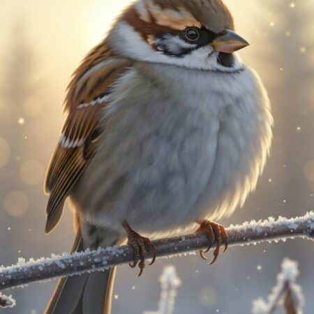 Small sparrow-like songbird perches on a slender frosted branch, its puffed feathers forming a soft, round silhouette rimmed by warm golden backlight. Tiny ice crystals on the branch glitter against a creamy bokeh of distant winter trees and morning mist.