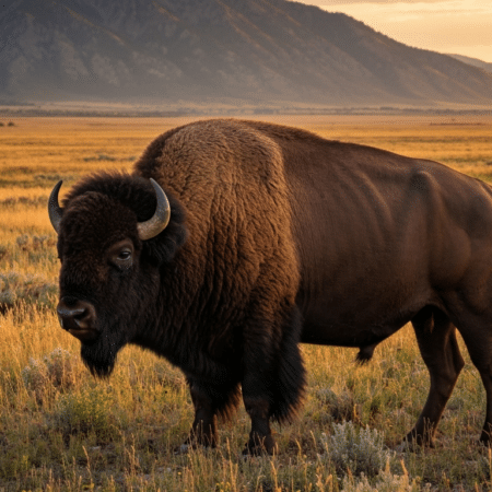 Majestic American bison standing in wilderness prairie at golden hour with mountain backdrop