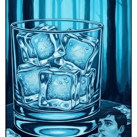 Crystal clear ice cubes in a glass with frost and cool blue tones in refreshing close-up photography