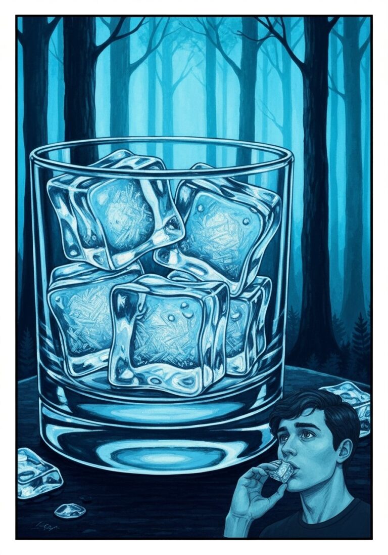 Crystal clear ice cubes in a glass with frost and cool blue tones in refreshing close-up photography