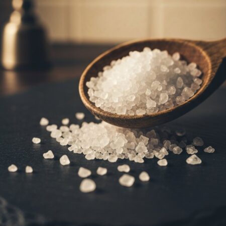 Coarse sea salt crystals spilling from a wooden spoon onto a dark slate surface in warm moody kitchen lighting