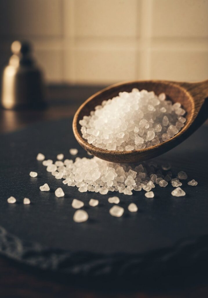 Coarse sea salt crystals spilling from a wooden spoon onto a dark slate surface in warm moody kitchen lighting