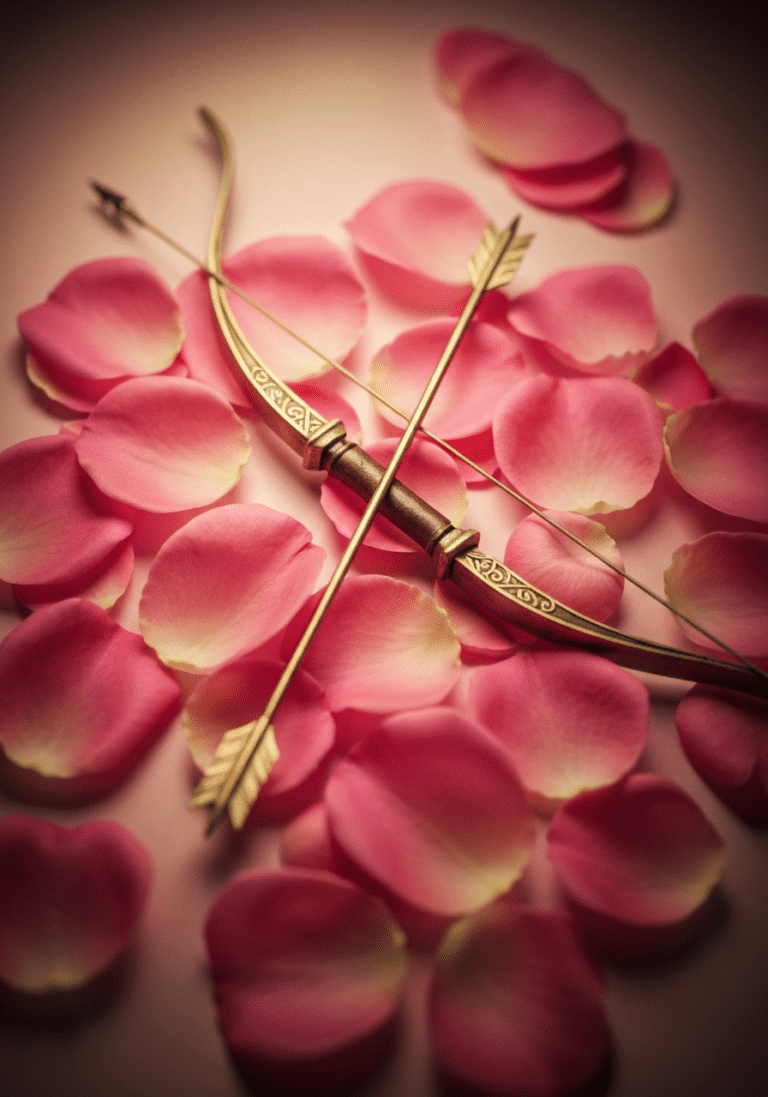 Golden bow and arrow on pink rose petals symbolizing Cupid love