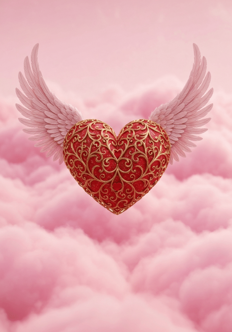 Ornate red heart with gold filigree and small heart cutouts, flanked by soft pink angel wings, floating above fluffy pink clouds against a pale pink sky. Symbolic illustration evoking love, romance, and cupid imagery.