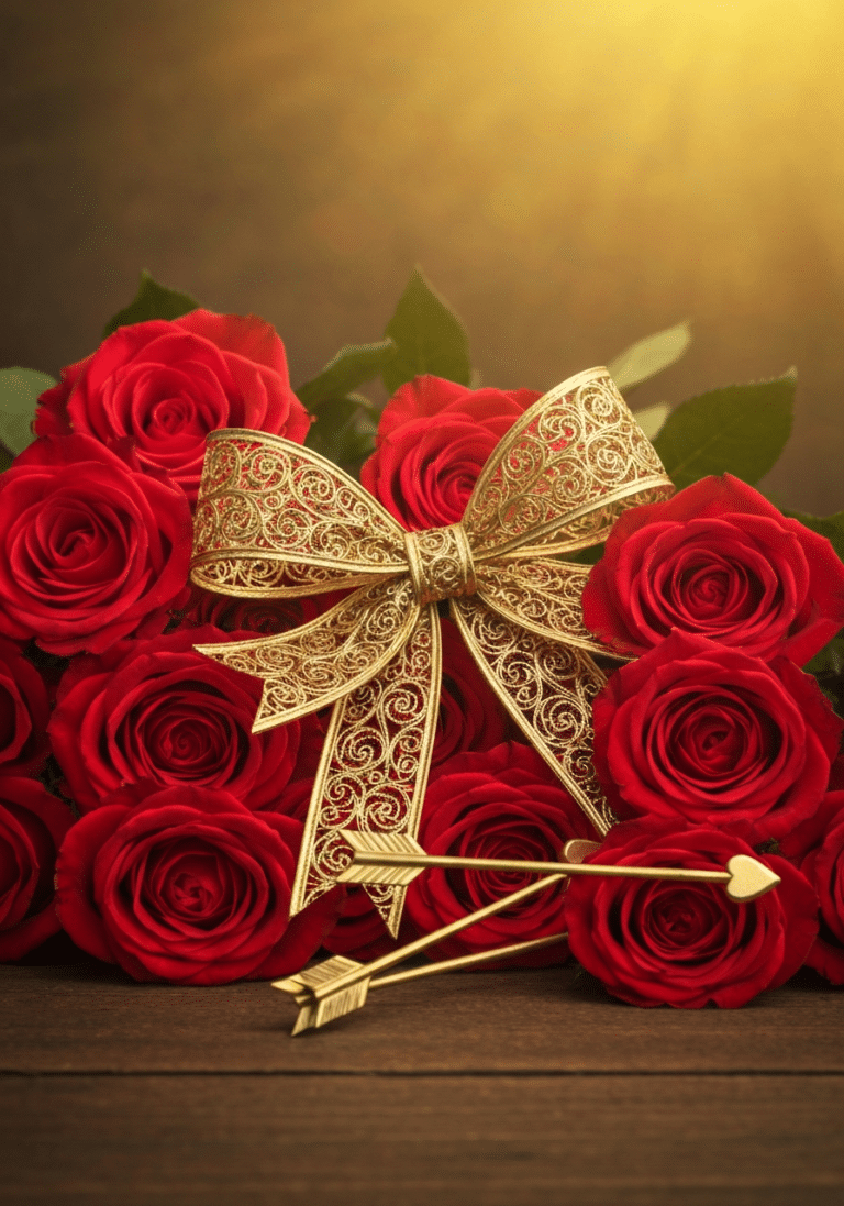Golden bow and heart-tipped arrows on red roses Valentine romance