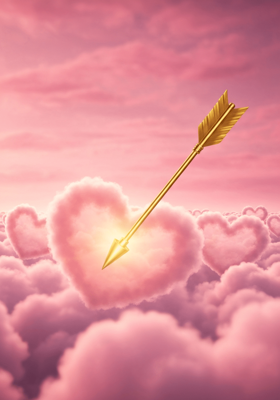 Pink sky with heart-shaped clouds and golden arrow of love
