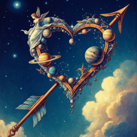 Cupid symbolism with bow, arrow, and hearts representing love and desire