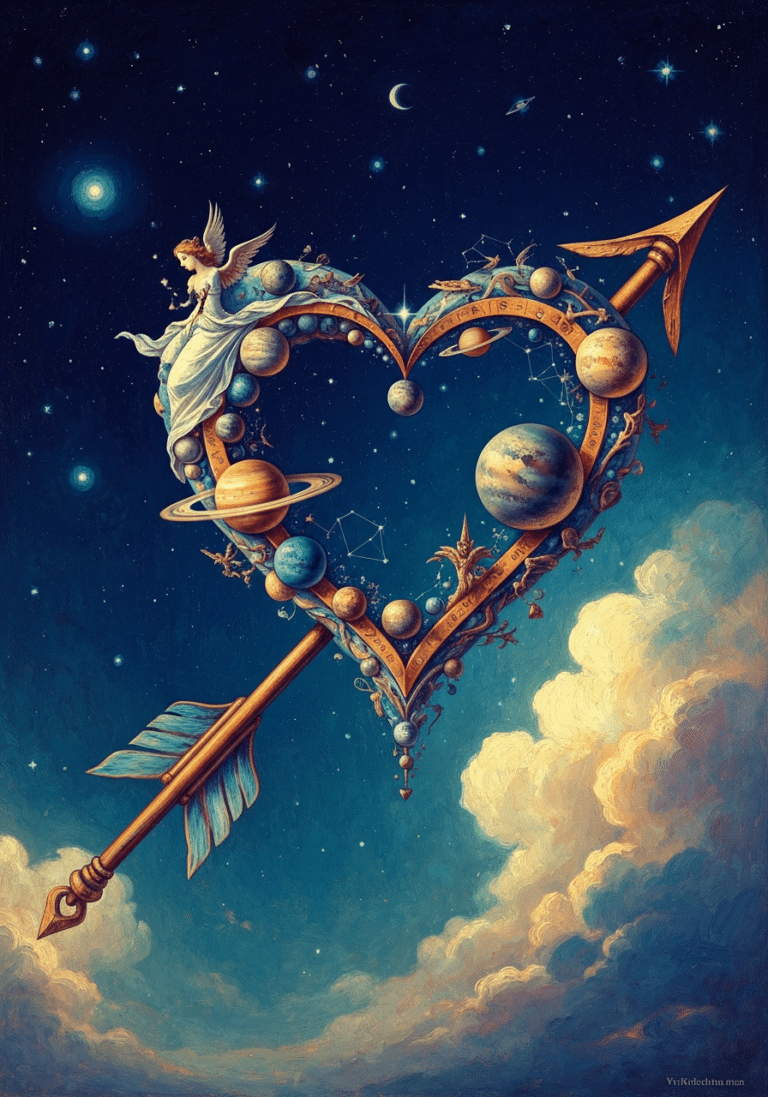 Cupid symbolism with bow, arrow, and hearts representing love and desire