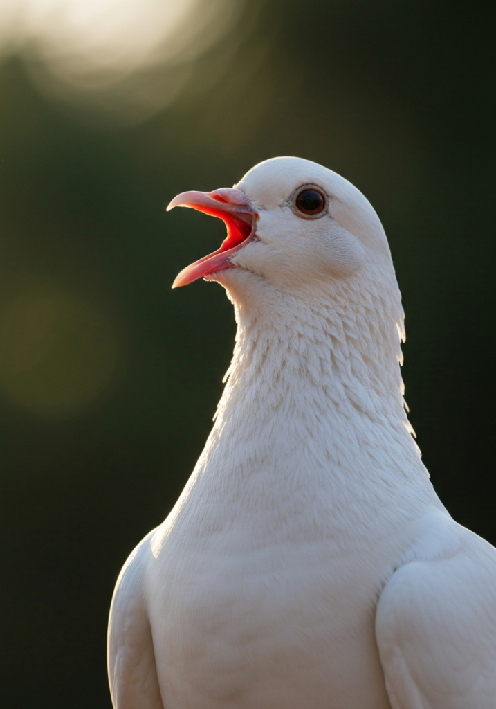White dove cooing with open beak in soft morning light