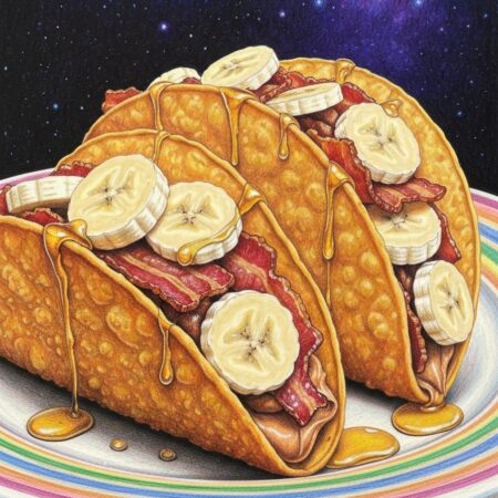 Golden deep fried tacos filled with peanut butter, banana, and crispy bacon drizzled with honey on a colorful plate
