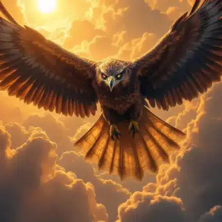 Spiritual hawk with wings spread, soaring through golden sunset clouds
