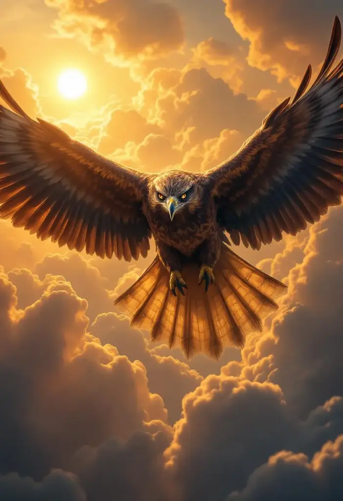 Spiritual hawk with wings spread, soaring through golden sunset clouds