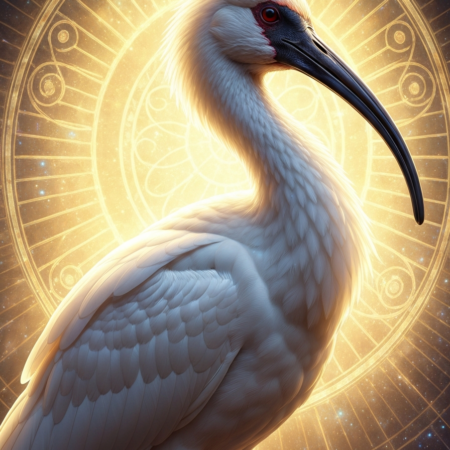Sacred ibis with elegant white plumage in mystical golden light