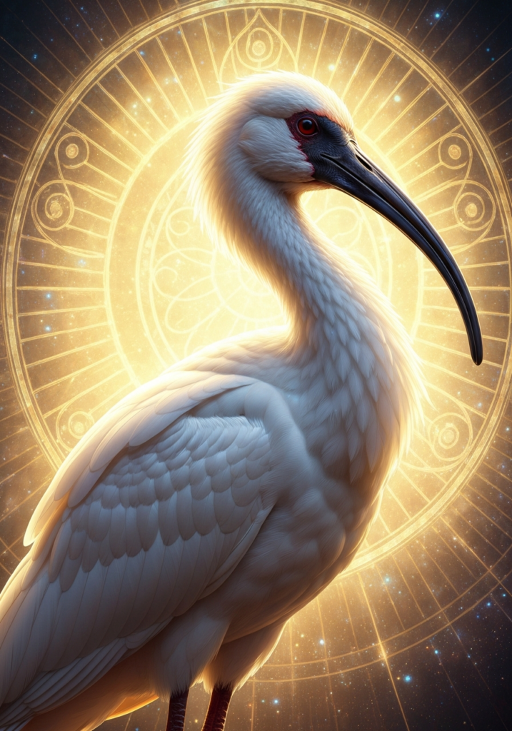 Sacred ibis with elegant white plumage in mystical golden light