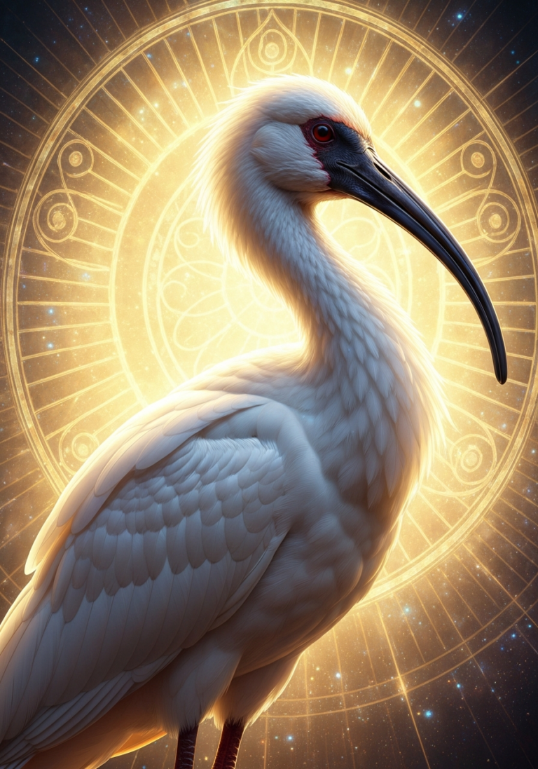 Sacred ibis with elegant white plumage in mystical golden light