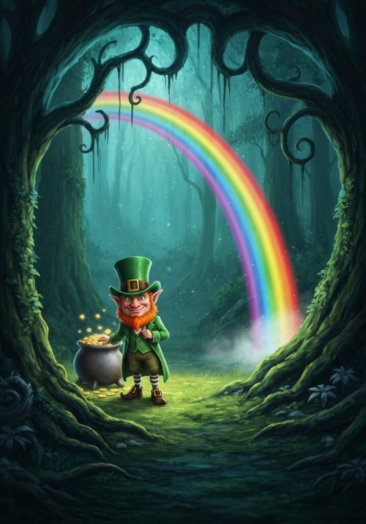 Whimsical leprechaun in green coat and top hat with pot of gold at the end of a rainbow in an enchanted Celtic forest
