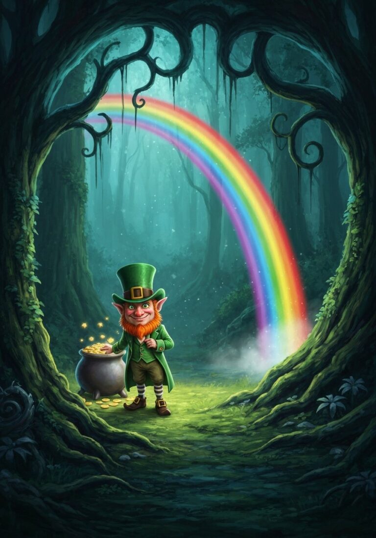 Whimsical leprechaun in green coat and top hat with pot of gold at the end of a rainbow in an enchanted Celtic forest