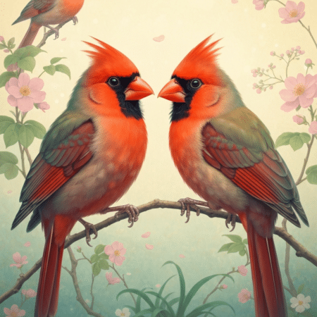 Two vivid red-and-green lovebirds perched facing each other on a flowering branch, surrounded by delicate pink blossoms and falling petals with a smaller bird in the background, creating a serene, romantic scene.