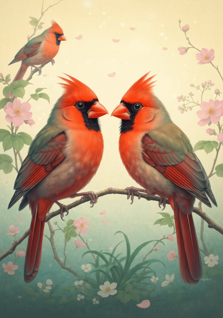 Two vivid red-and-green lovebirds perched facing each other on a flowering branch, surrounded by delicate pink blossoms and falling petals with a smaller bird in the background, creating a serene, romantic scene.