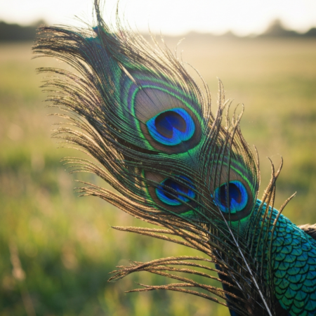 Iridescent peacock feathers shimmering in blue and green