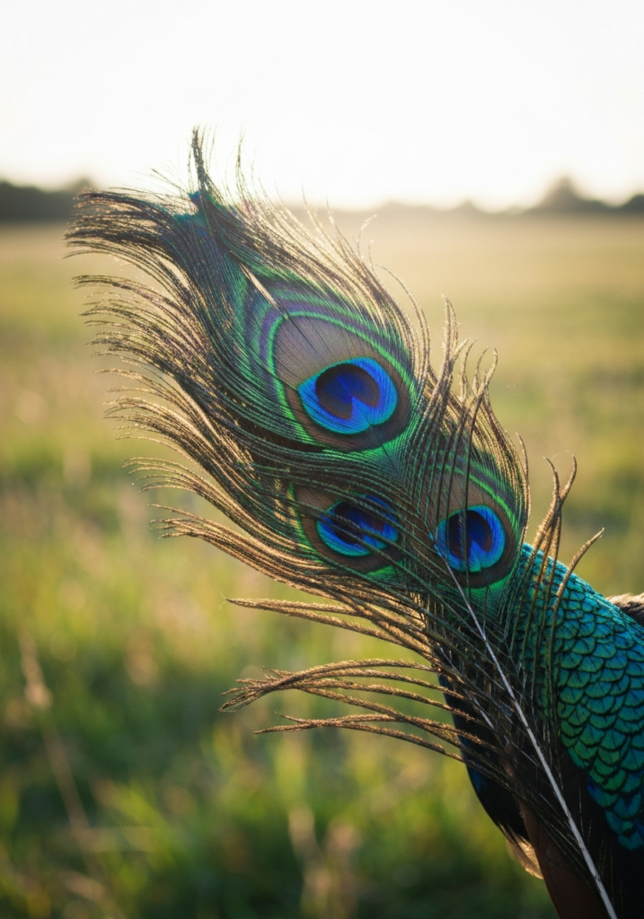 Iridescent peacock feathers shimmering in blue and green