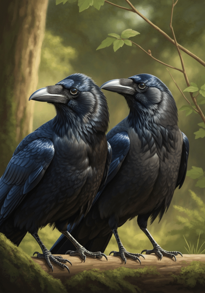 Raven and crow side by side showing corvid intelligence