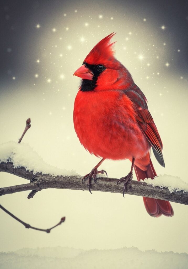 Brilliant red cardinal bird perched on a snowy branch with vivid crimson feathers against white snow in soft winter light