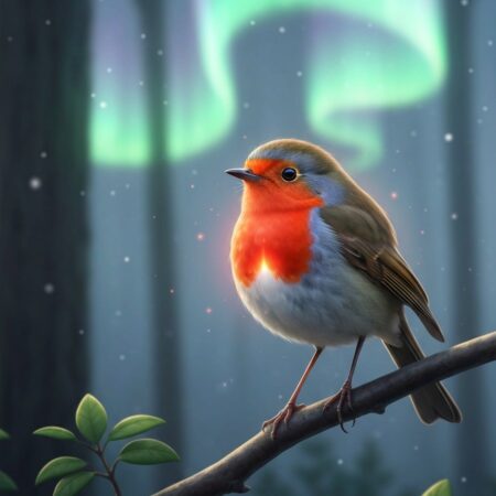 Robin bird perched on a branch with red breast glowing in warm morning light against a soft bokeh forest background
