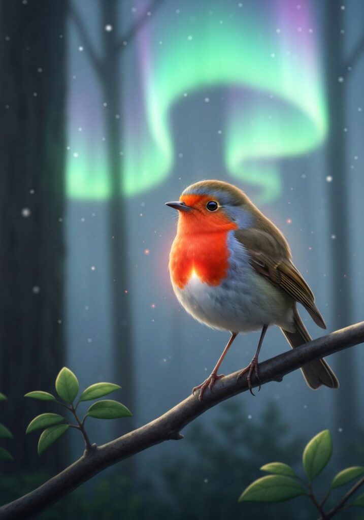 Robin bird perched on a branch with red breast glowing in warm morning light against a soft bokeh forest background
