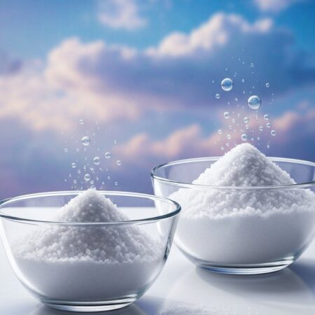 Salt and baking soda mixed together in glass bowls on a kitchen counter with a bubbling chemical reaction
