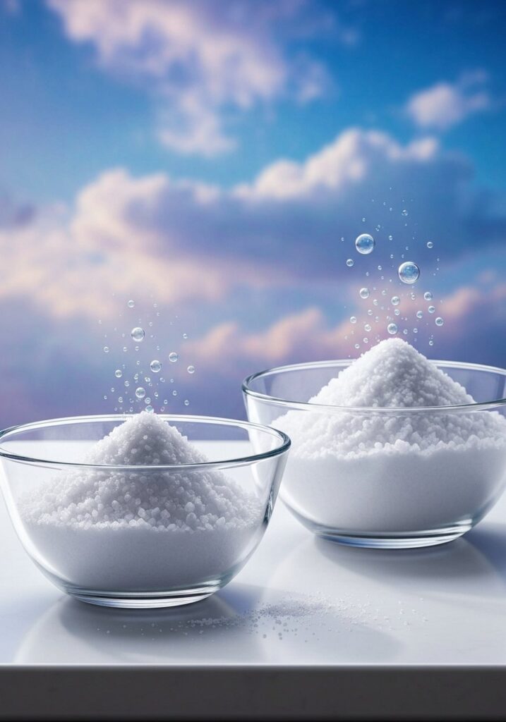 Salt and baking soda mixed together in glass bowls on a kitchen counter with a bubbling chemical reaction
