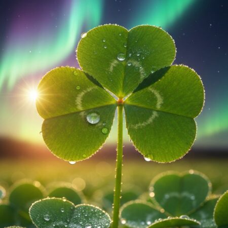 Vibrant green shamrock with morning dew drops in soft golden sunlight on an Irish meadow