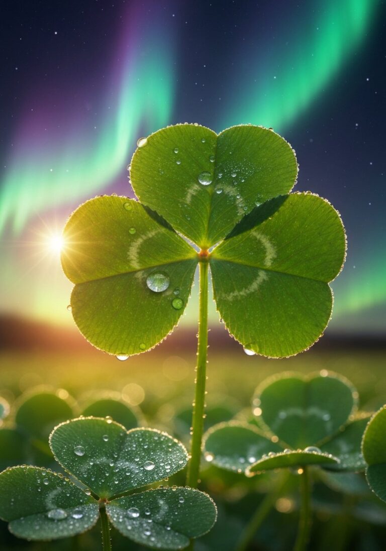 Vibrant green shamrock with morning dew drops in soft golden sunlight on an Irish meadow