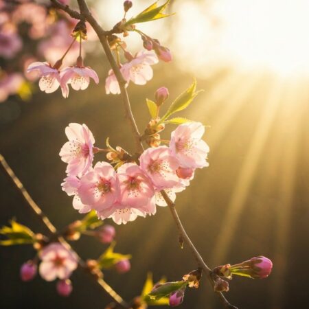 Pink cherry blossoms on tree branches with golden sunlight streaming through and fresh green buds in dreamy spring light