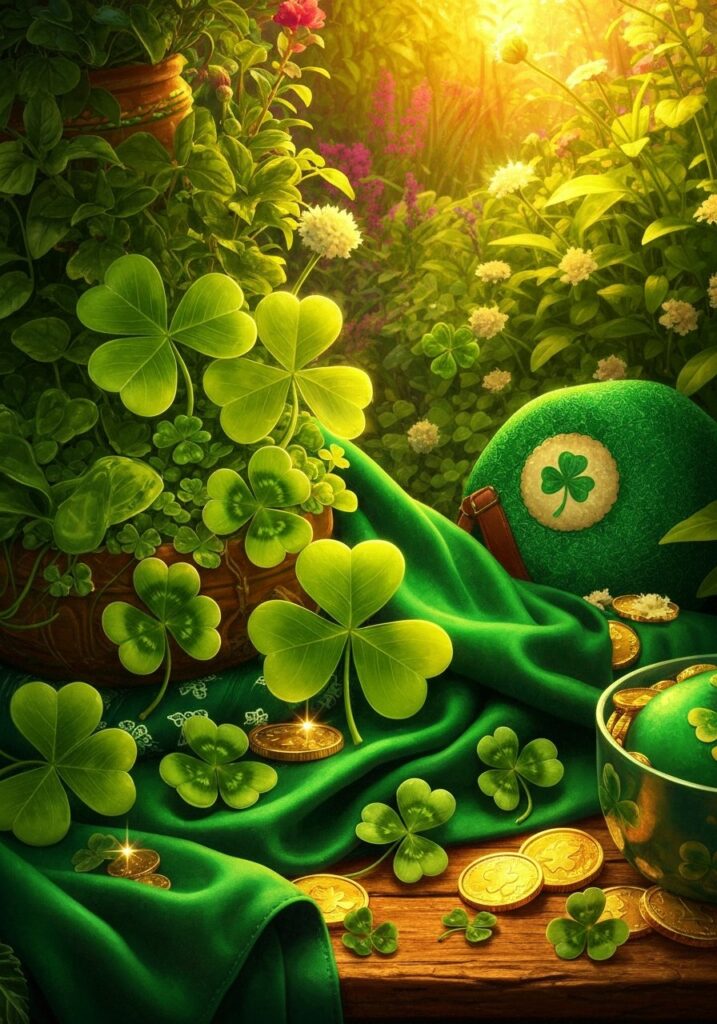 Vibrant green shamrocks and clovers with golden light, emerald fabric and gold coins in a festive St Patricks Day still life