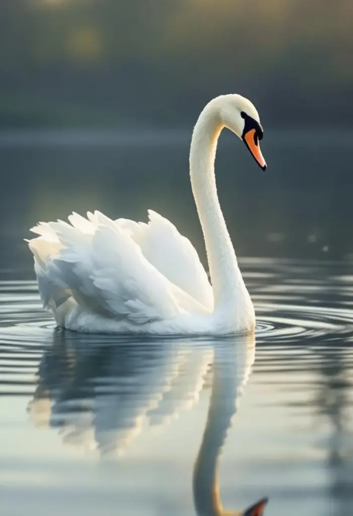 Elegant white swan gliding on calm mystical water at dawn