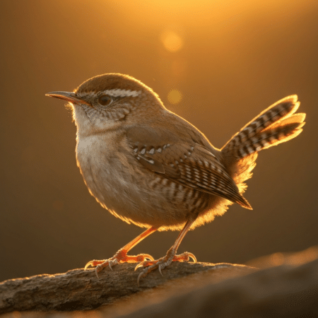 Small brown wren perched on a rough branch, backlit by warm golden sunlight that outlines its rounded body, finely patterned feathers, and upturned tail.