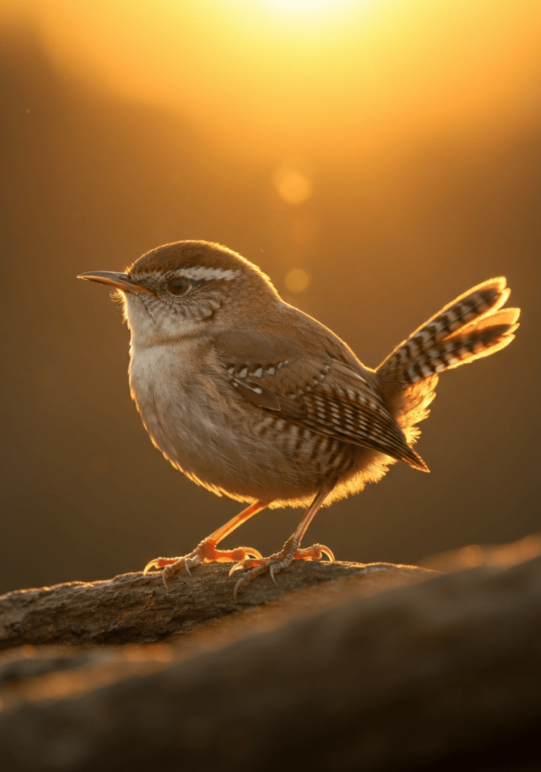 Small brown wren perched on a rough branch, backlit by warm golden sunlight that outlines its rounded body, finely patterned feathers, and upturned tail.