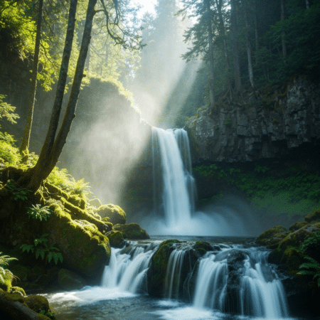 Sacred waterfall with indigenous spiritual symbolism