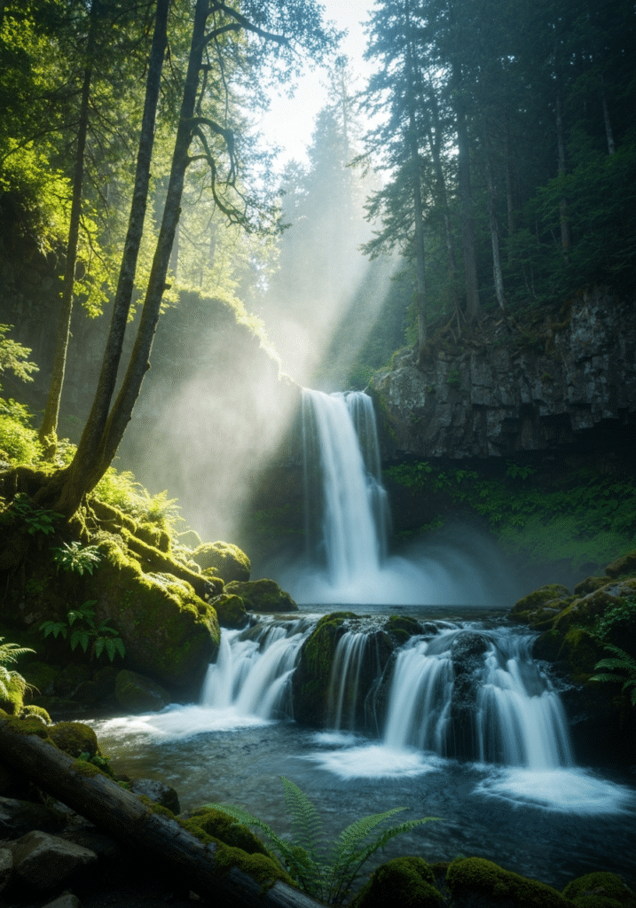 Sacred waterfall with indigenous spiritual symbolism