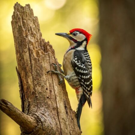 Woodpecker with striking red crest perched on a tree trunk in a natural forest with soft dappled sunlight