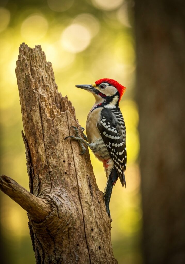 Woodpecker with striking red crest perched on a tree trunk in a natural forest with soft dappled sunlight